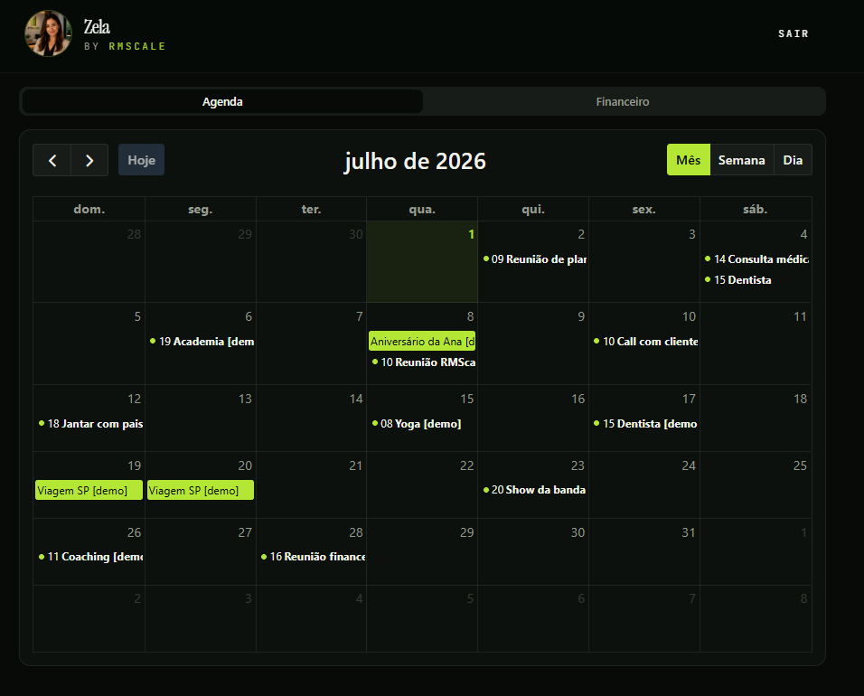 Painel da Zela mostrando o calendário mensal com compromissos